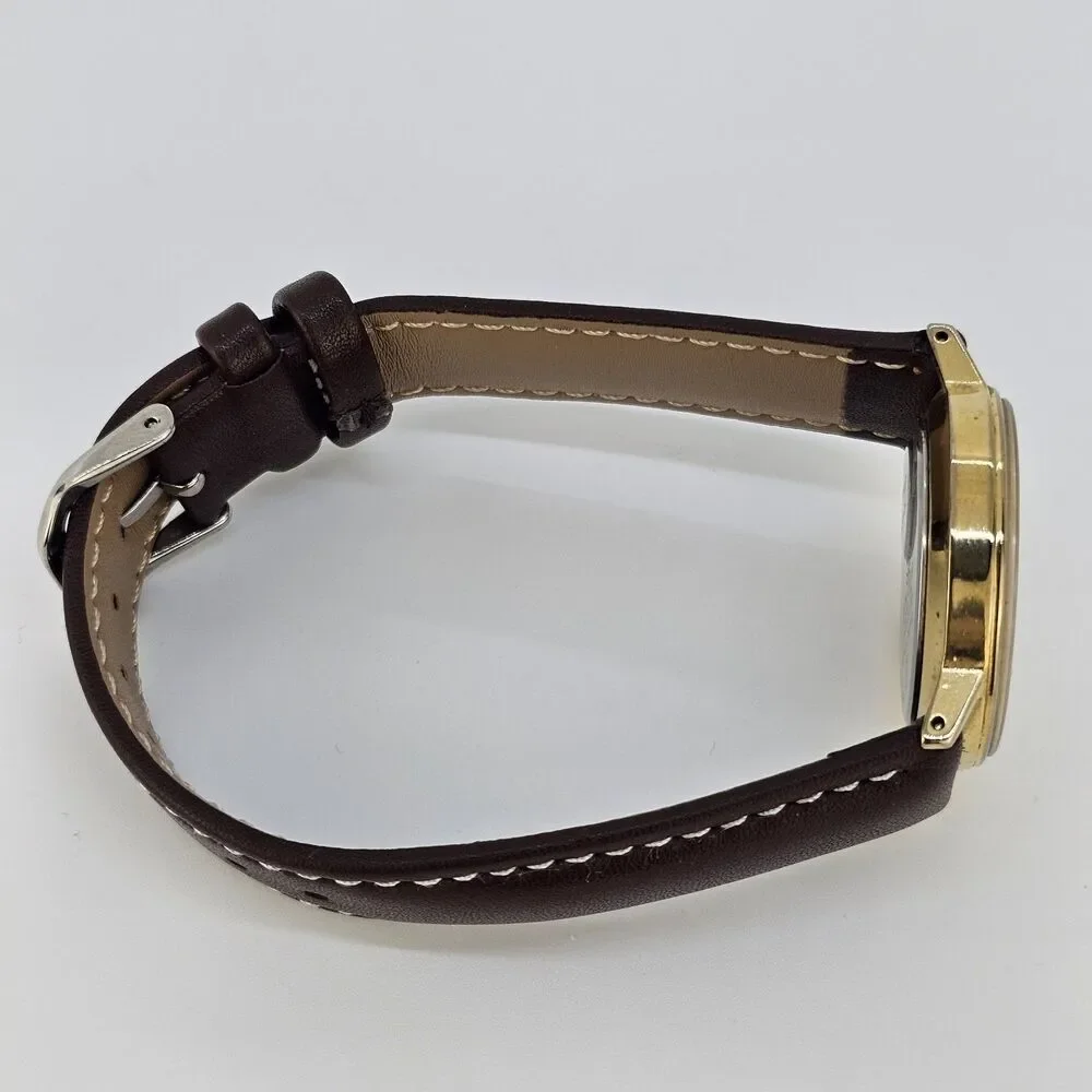 VTG Timex Men's Watch 32MM Gold Dial DayDate New Brown Leather Bands New Battery